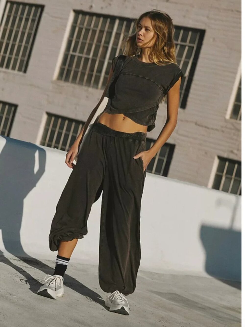 Free People Black Hot Shot Crossover Top and Pants SET Acid Wash Size XS NWT